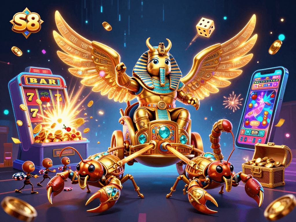 S8 casino experience with colossal golden beetle and jackpot symbols enhancing excitement.