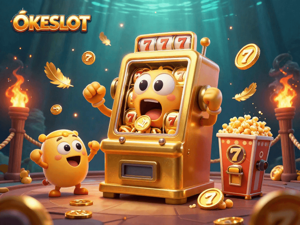 Menangkan jackpot slot di OKESLOT dengan mesin slot emas ceria dan banyak koin berkilauan.