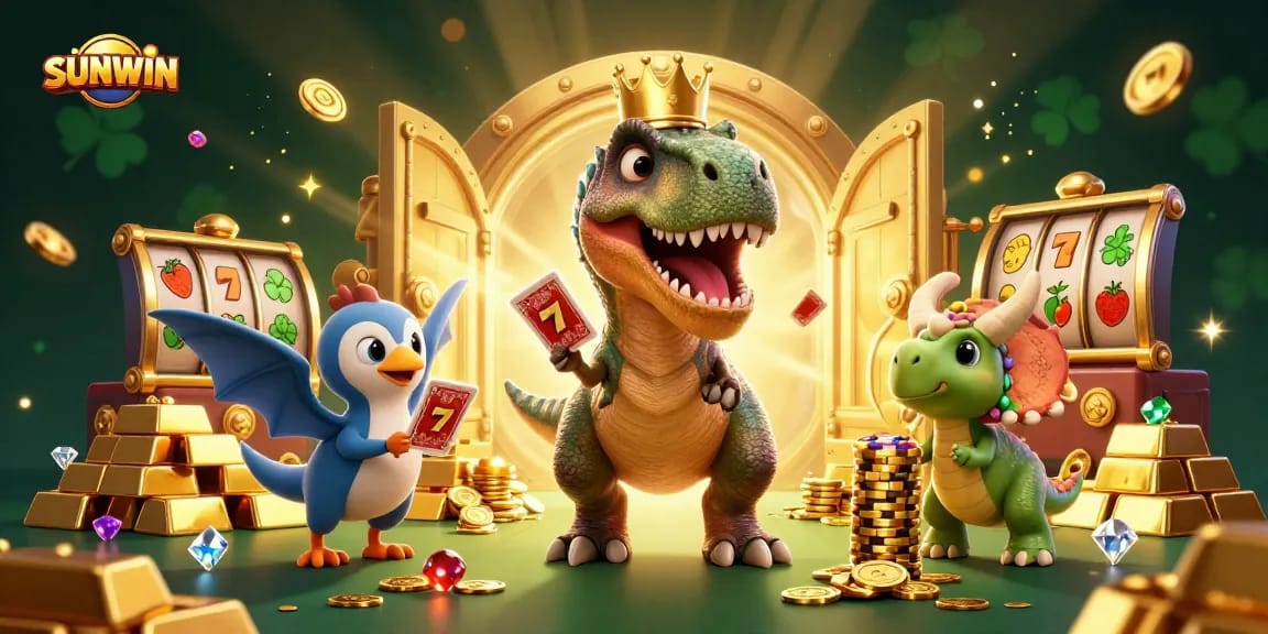 SUNWIN engages players with a lively 3D T-Rex and friends in a dynamic casino environment.