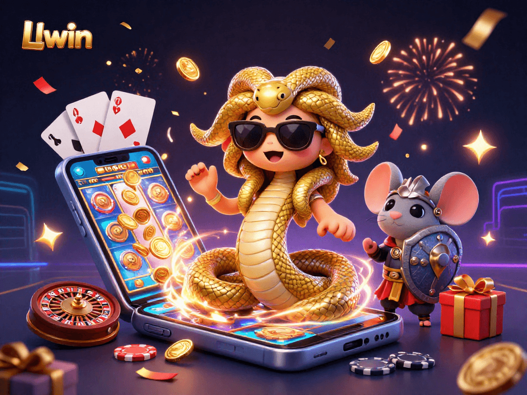 Spin through games at Llwin with vibrant slot reels, Medusa, and festive casino elements.