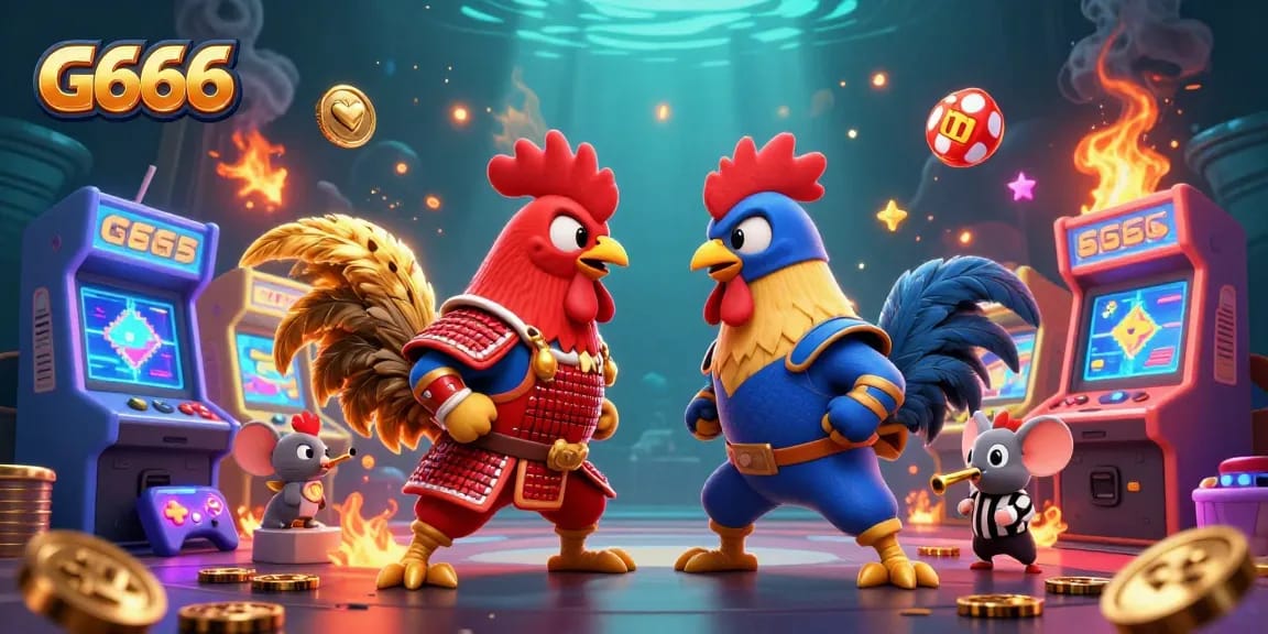 G666 showcases a thrilling standoff between cartoon fighting roosters in a vibrant gaming scene.