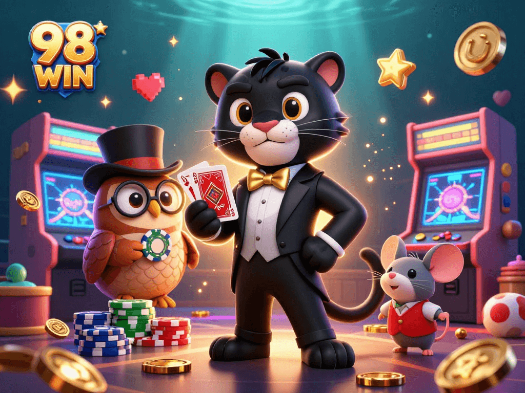 Engage with thrilling games at 98 WIN, where a tuxedo-clad panther deals cards amidst vibrant casino elements.