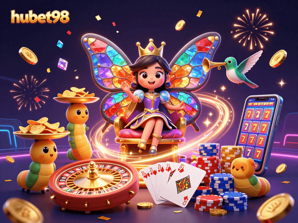 Experience hubet98 with a 3D illustration of a butterfly queen in a vibrant casino environment.