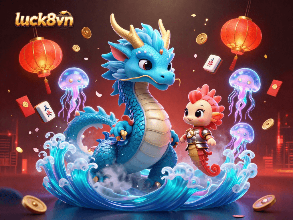 Engage with luck8vn's vibrant online casino landscape, featuring dynamic characters and festive game elements.