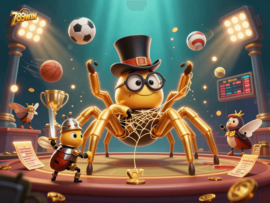 Engage in thrilling gameplay at 789WIN with a dynamic casino scene featuring golden tarantula and brave knight.