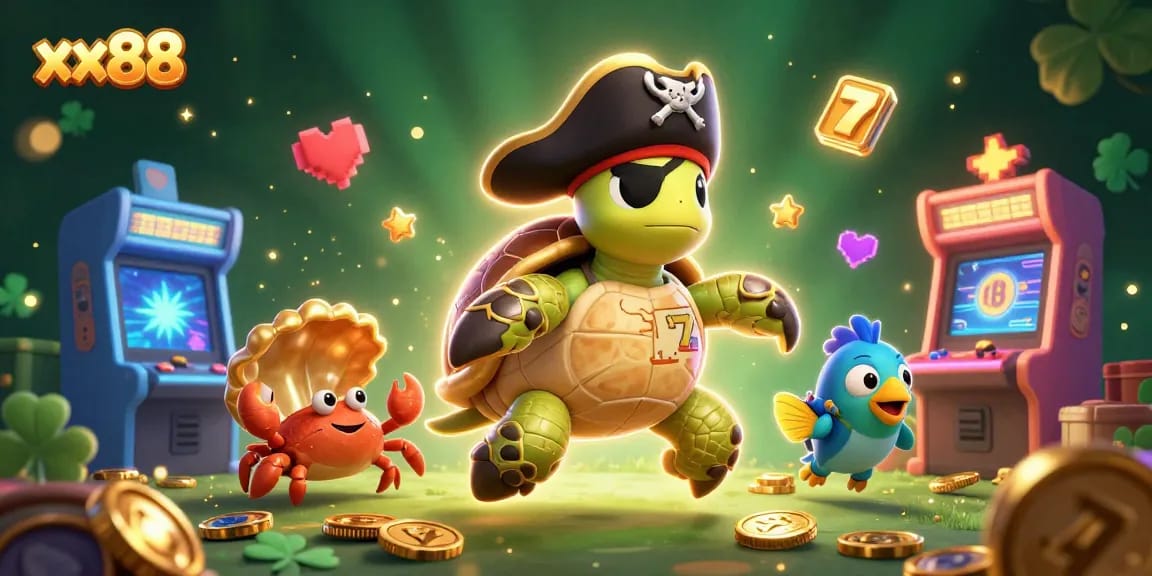 Engage with xx88's vibrant 3D scene featuring a pirate turtle and arcade game elements for a dynamic casino experience.
