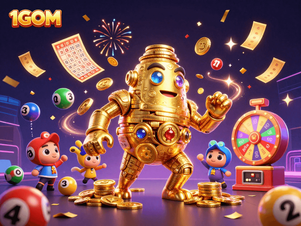 Win big with 1GOM as golden golem and colorful lottery balls celebrate your success!