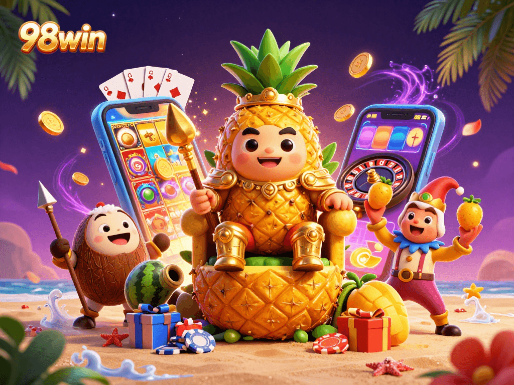 Engage with 98win's vibrant beach casino scene featuring a golden pineapple king and dynamic game elements