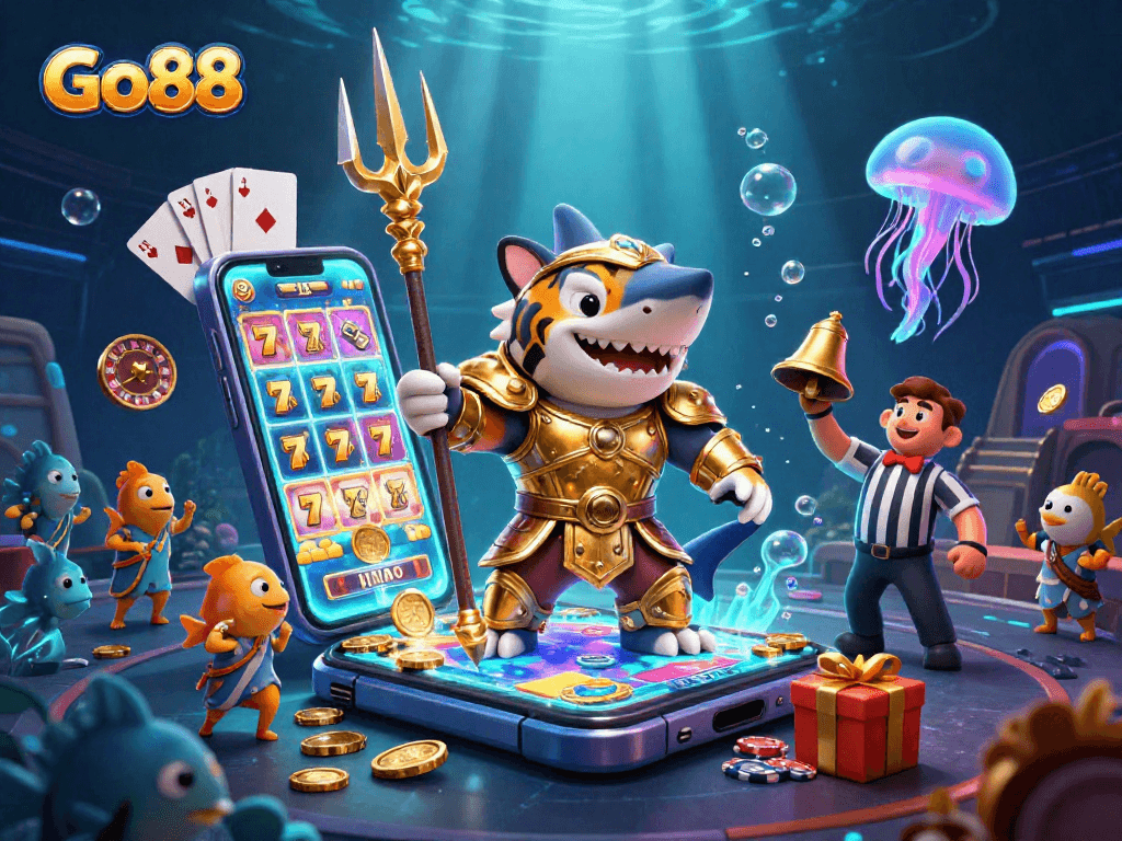 Experience thrilling gaming at Go88 with an underwater casino scene featuring vibrant slot games and a lively atmosphere.