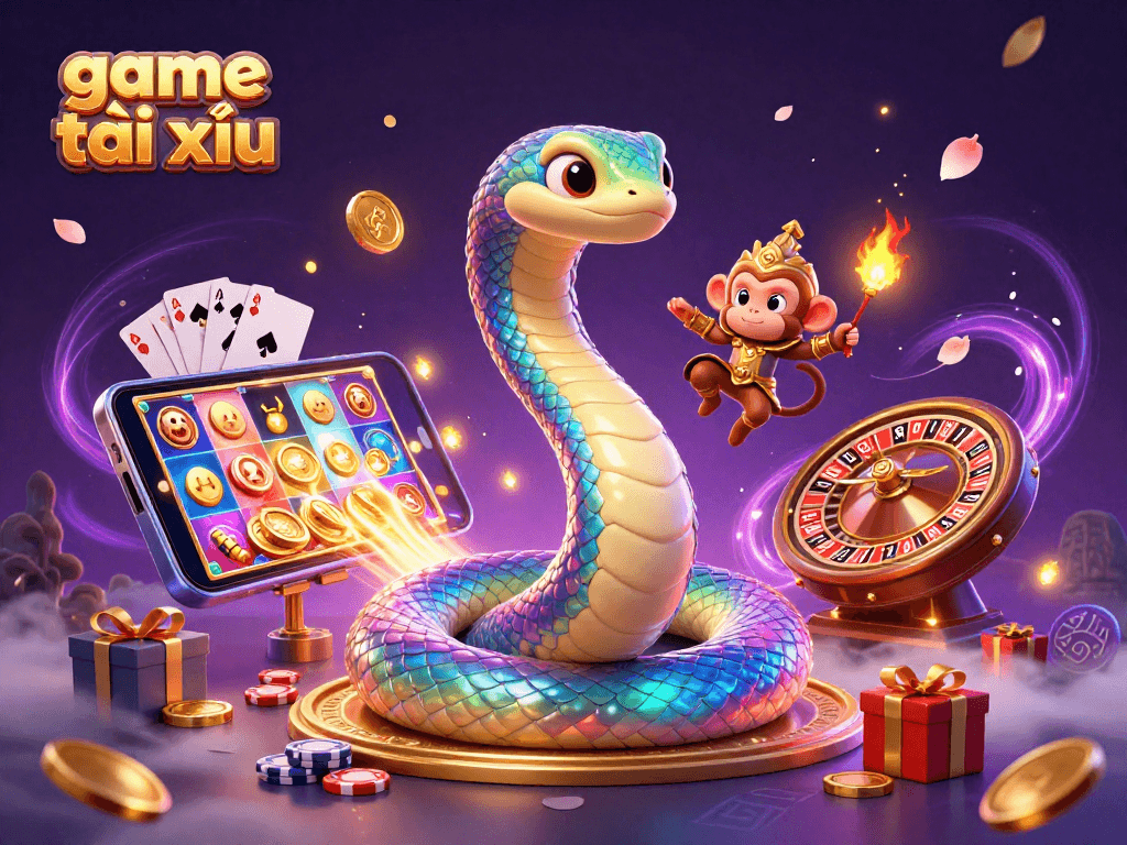 Experience thrilling game tài xỉu with a vibrant scene of a rainbow serpent and golden monkey king surrounded by casino elements.
