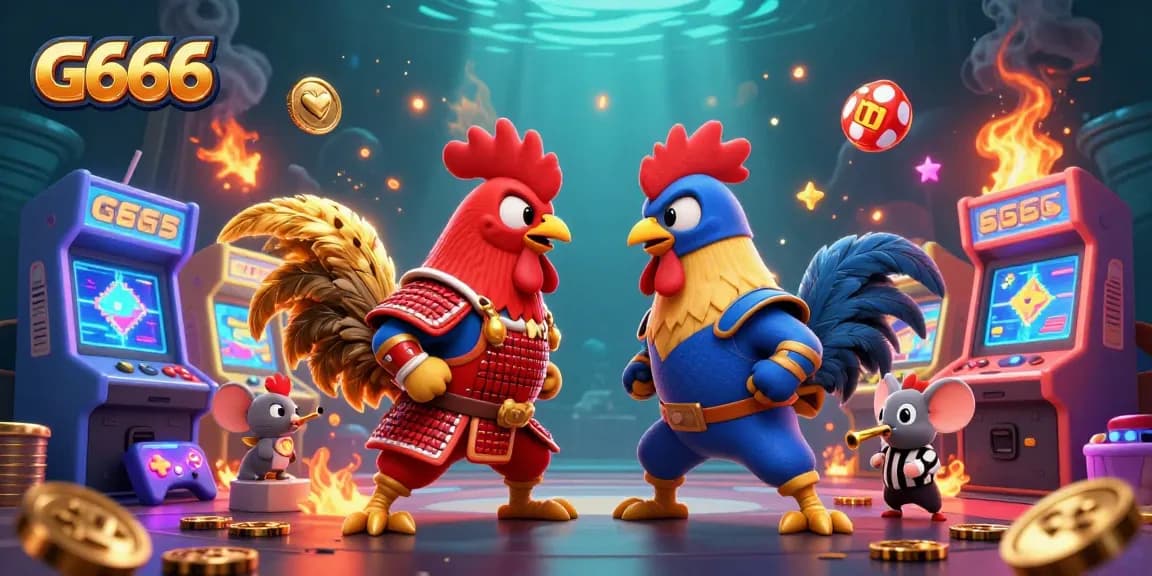 G666 showcases a thrilling standoff between cartoon fighting roosters in a vibrant gaming scene.