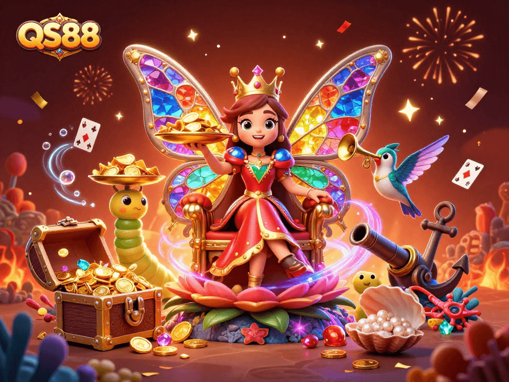 Experience thrilling excitement at QS88 with a majestic butterfly queen surrounded by vibrant gaming treasures.