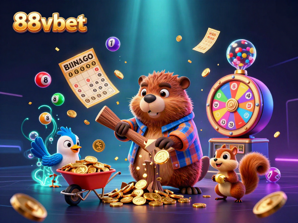 Win big with festive 88vbet themed digital illustration featuring joyful characters and casino elements.