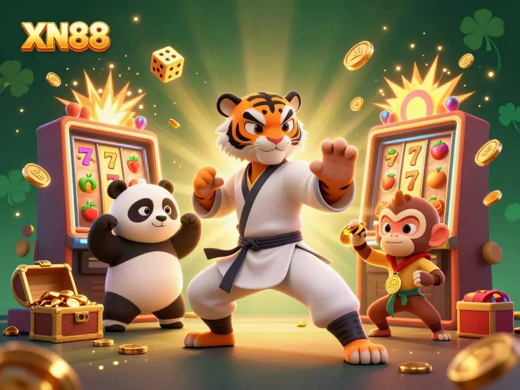 Xn88 showcases vibrant slot action with a kung fu tiger master amid rich gambling elements like golden coins.