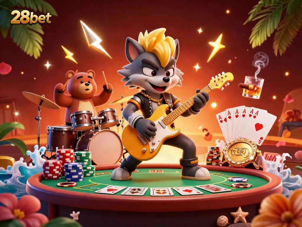 Experience the thrill of 28bet casino gaming with vibrant characters and poker elements lighting up the scene.