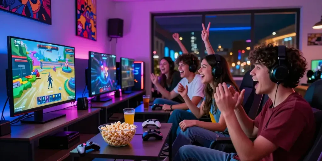 Exciting gaming night with friends enjoying harta88 entertainment platform, vibrant atmosphere with snacks and decor.