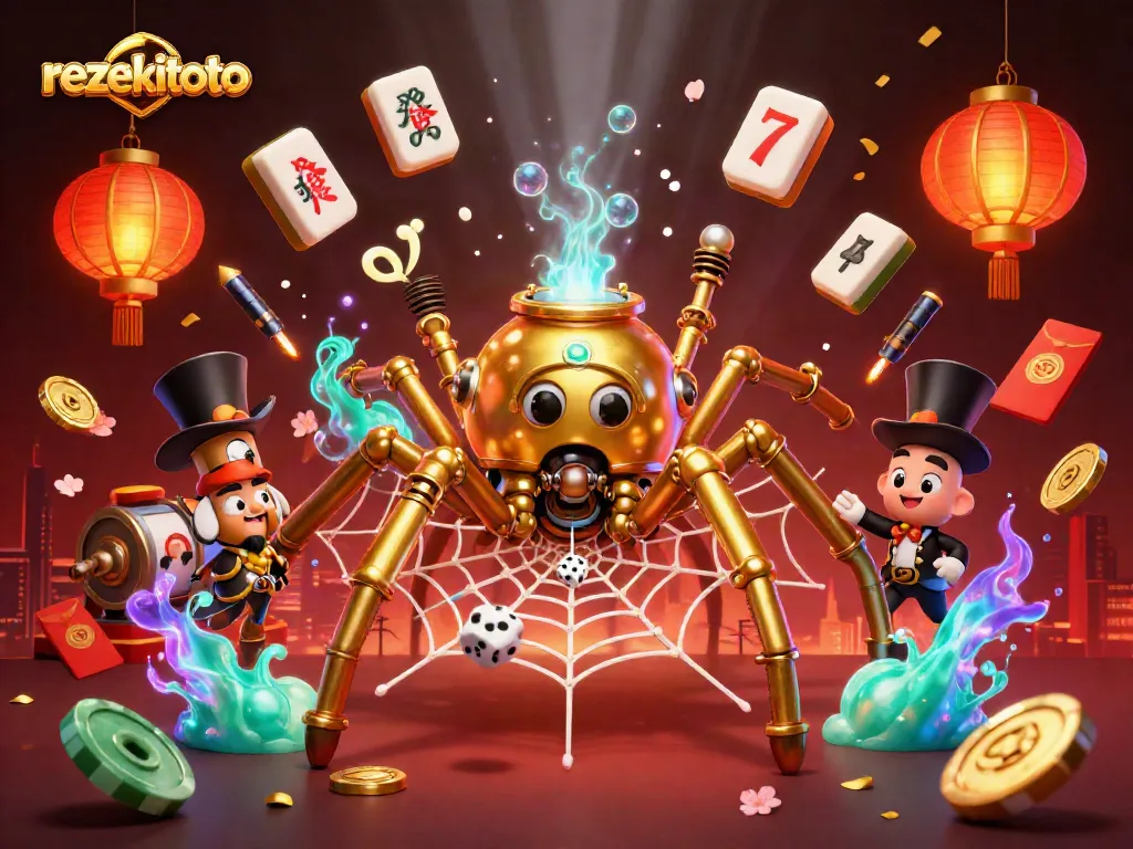 Rezekitoto features a cartoon spider in a web of luck with dynamic casino elements.