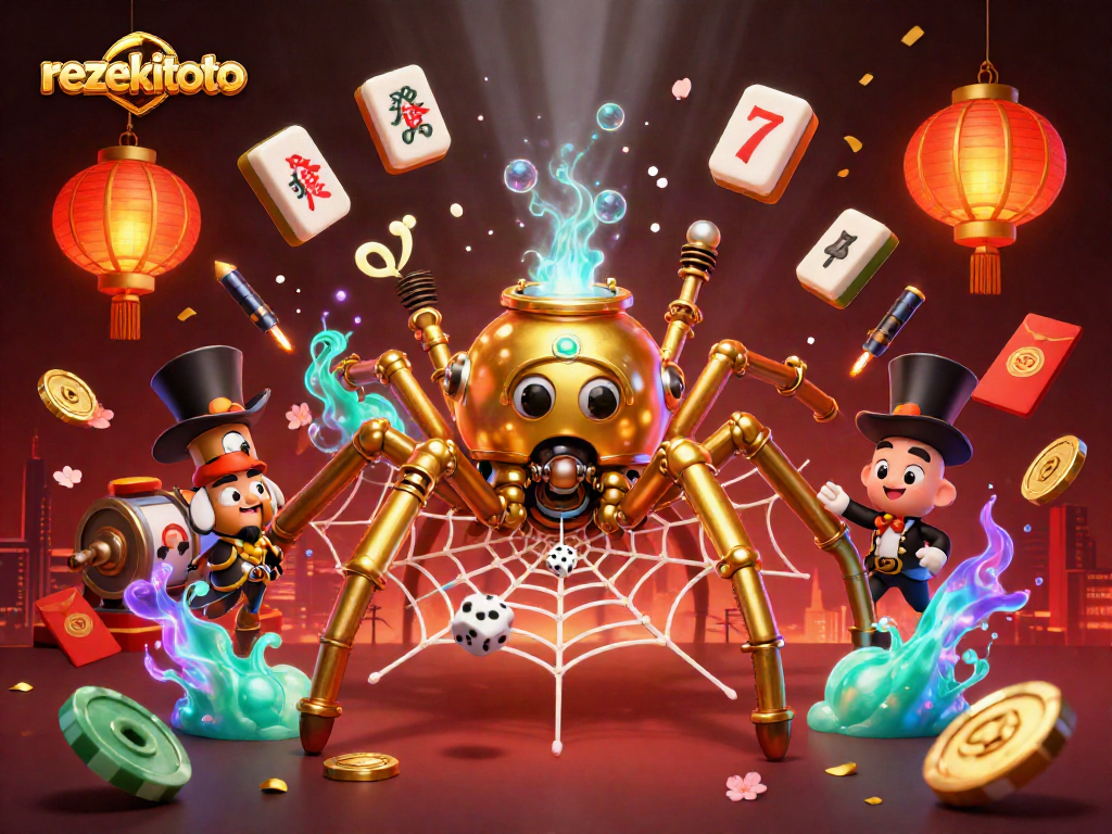 Rezekitoto features a cartoon spider in a web of luck with dynamic casino elements.