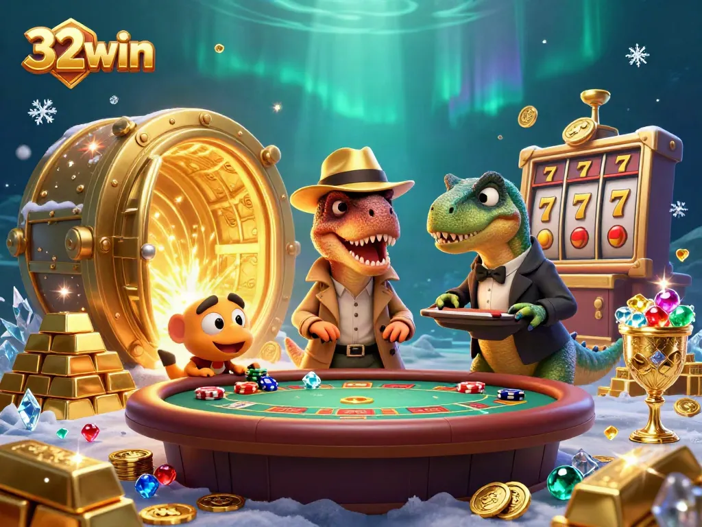 Experience thrilling gameplay at 32win with a dynamic casino scene featuring colorful characters and treasure.