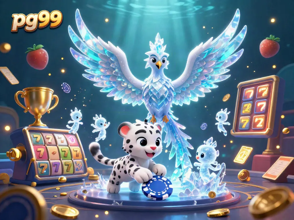 Experience the excitement of pg99 with a vibrant 3D casino scene featuring an ice phoenix and slot reels.