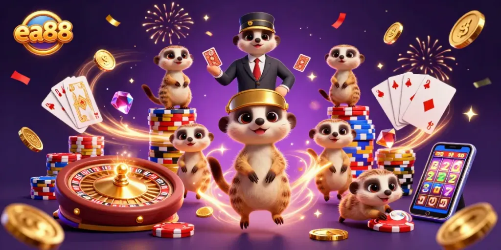 ea88 gaming meerkats manage a bustling casino with golden coins and vibrant lights.