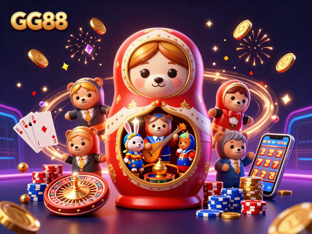 Engage with GG88’s vibrant 3D casino scene featuring dynamic characters and celebratory elements.