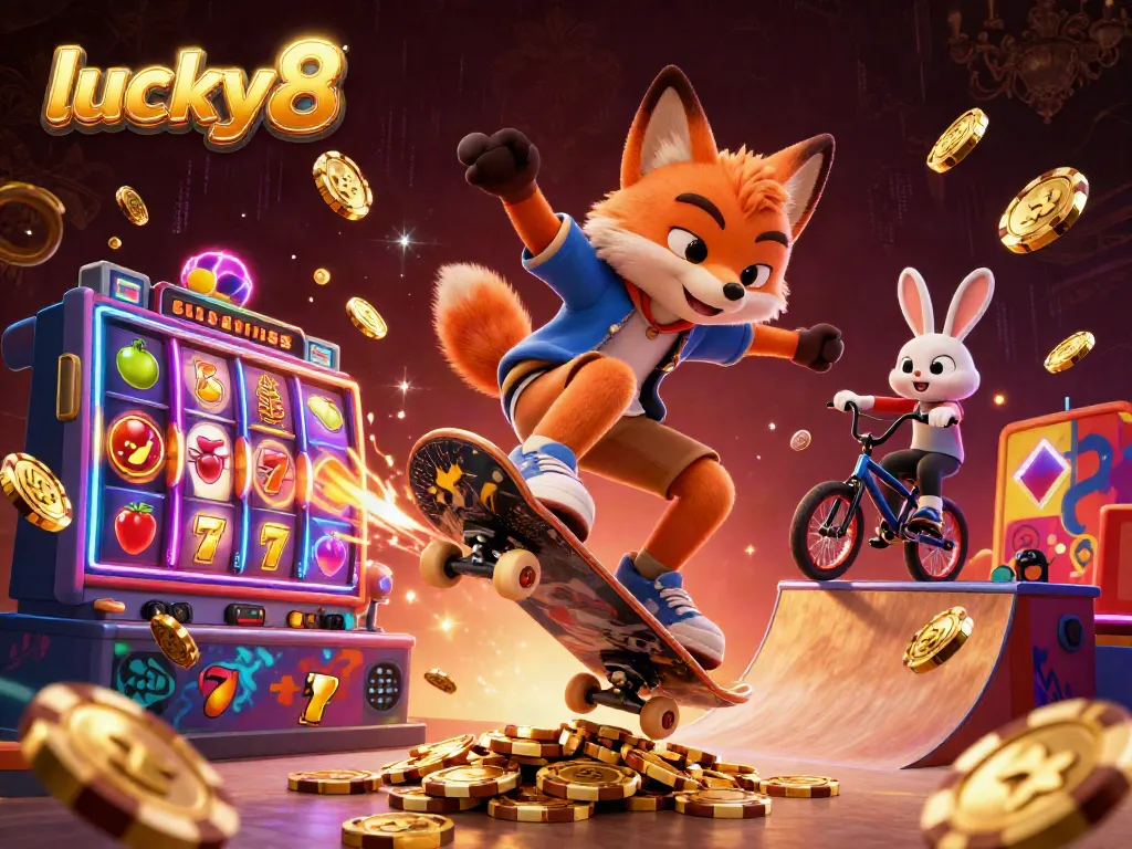 Experience exciting gameplay at lucky8 with vibrant slots and casino elements in this lively illustration.