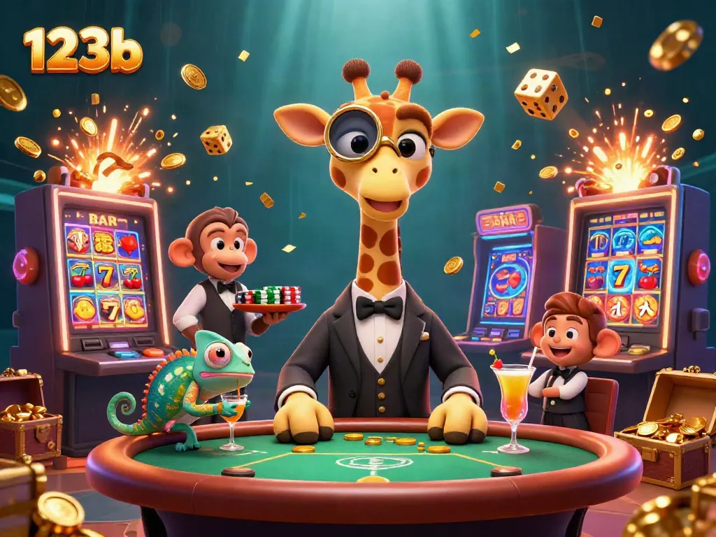 Experience thrilling wins at 123b with a vibrant, dynamic casino scene featuring high-roller giraffes and golden cocktails.