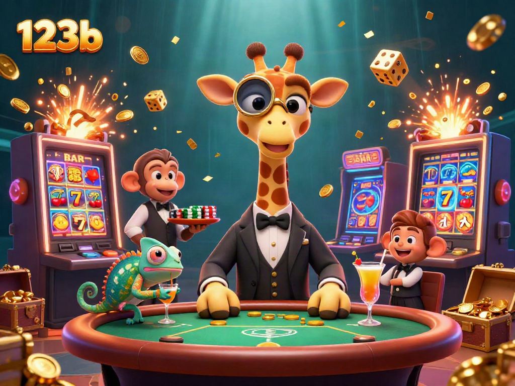 Experience thrilling wins at 123b with a vibrant, dynamic casino scene featuring high-roller giraffes and golden cocktails.