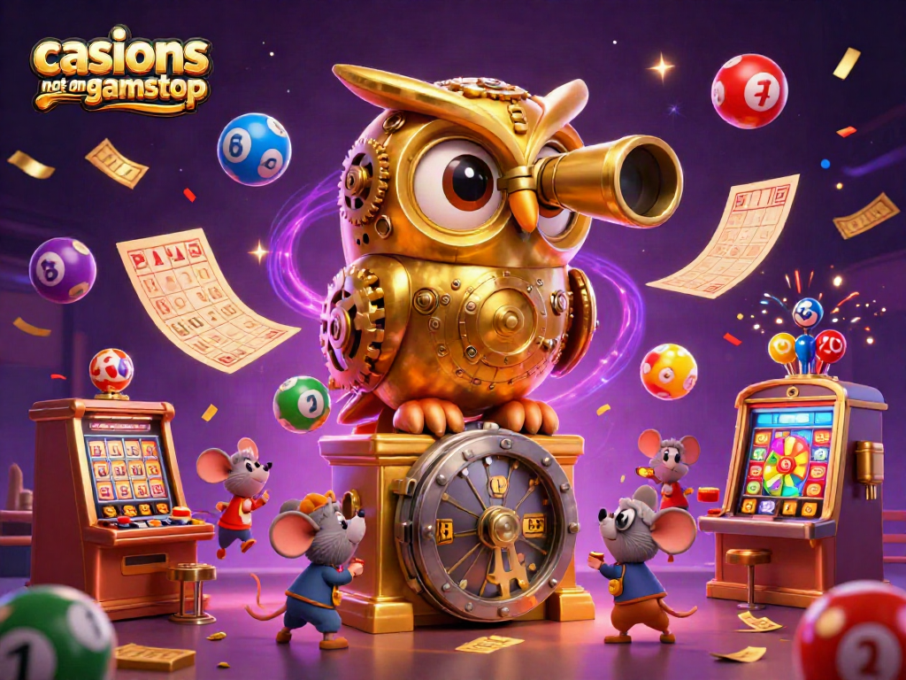 Engaging scene showcasing casinos not on gamstop, featuring a golden owl scanning vibrant slot machines and colorful lottery elements.