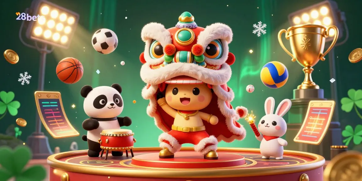 Watch the vibrant 28bets lion dancers celebrate with sports balls and rich decorations in this dynamic casino scene.