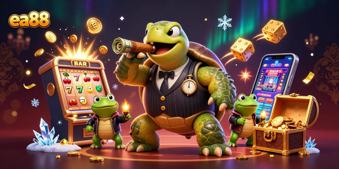 ea88 depicts a 3D cartoon snapping turtle in a casino scene bursting with excitement and winnings