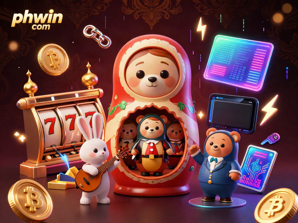 Experience the vibrant energy of phwin com featuring a Russian Matryoshka bear with smaller dealer bears and crypto elements.