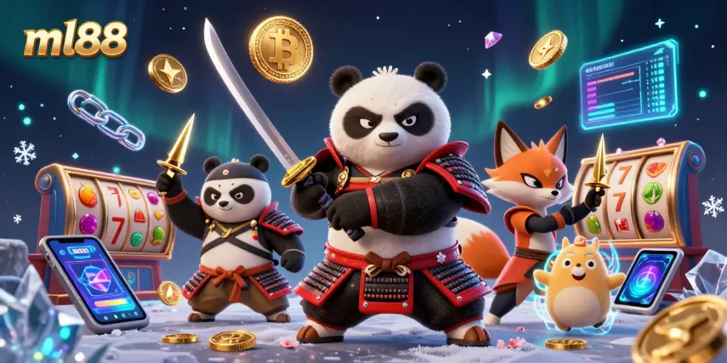 Play exciting games at ml88 with a dynamic illustration featuring a samurai panda and a ninja fox.