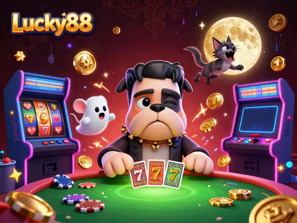 Experience exciting gameplay at Lucky88 with a cartoon bulldog dealer and ghostly elements.