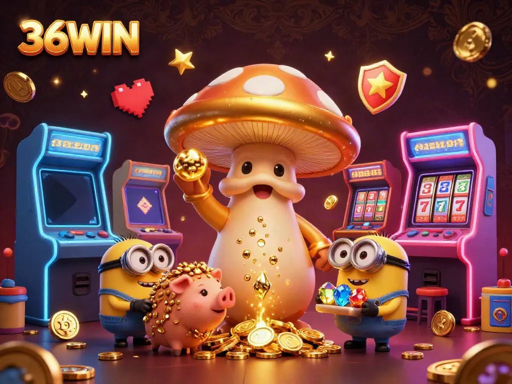 Experience the magic of 36WIN with a golden mushroom wizard and treasures in a vibrant casino scene.