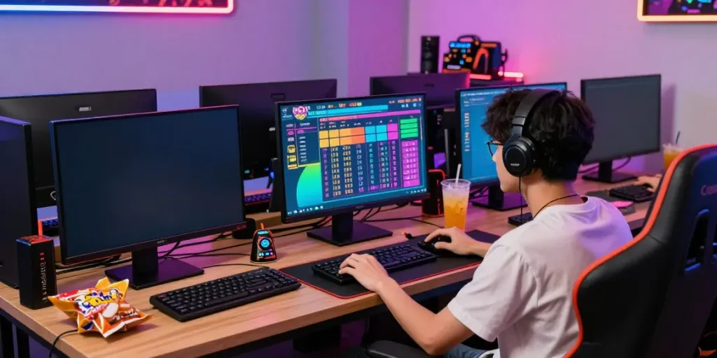 Engaged player enjoying online togel gaming with colorful screens.