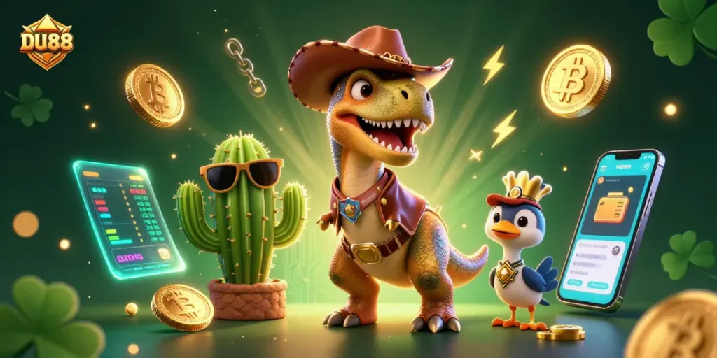 Join DU88 for thrilling action with a T-Rex cowboy, cactus sidekick, and roadrunner in a vibrant casino scene.
