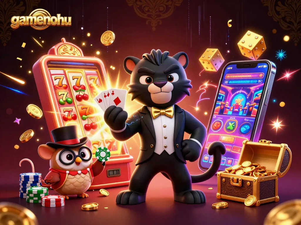 Play exciting games with gamenohu's stylish characters in a vibrant casino scene.