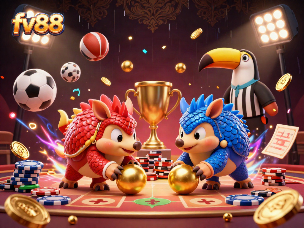 fv88 pangolins compete in vibrant casino scene with poker chips and sports balls.