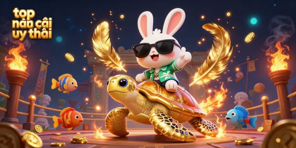Experience top nhà cái uy tín adventure with lucky rabbit and turtle in vibrant, dynamic scene.