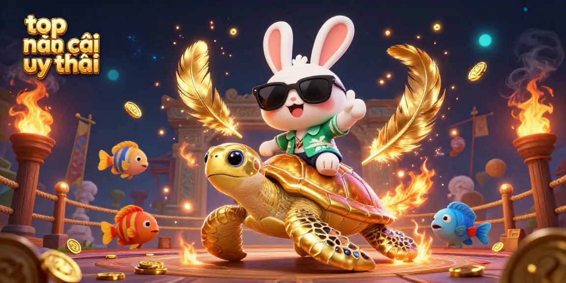 Experience top nhà cái uy tín adventure with lucky rabbit and turtle in vibrant, dynamic scene.