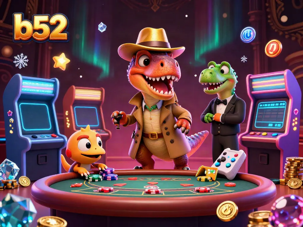 Experience the excitement of b52 gaming with a cartoon velociraptor at the blackjack table, stealing chips and fun.