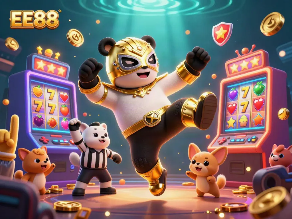 Experience the excitement of EE88 with a vibrant illustration of a panda wrestler and animated characters in a colorful casino setting.