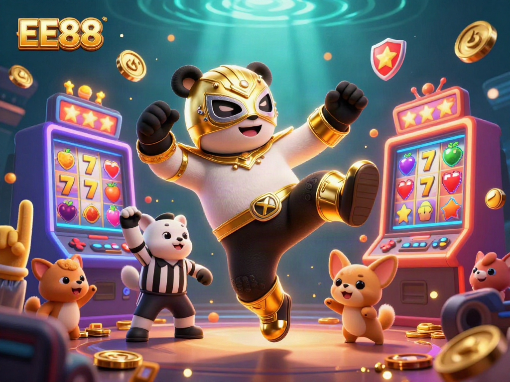 Experience the excitement of EE88 with a vibrant illustration of a panda wrestler and animated characters in a colorful casino setting.