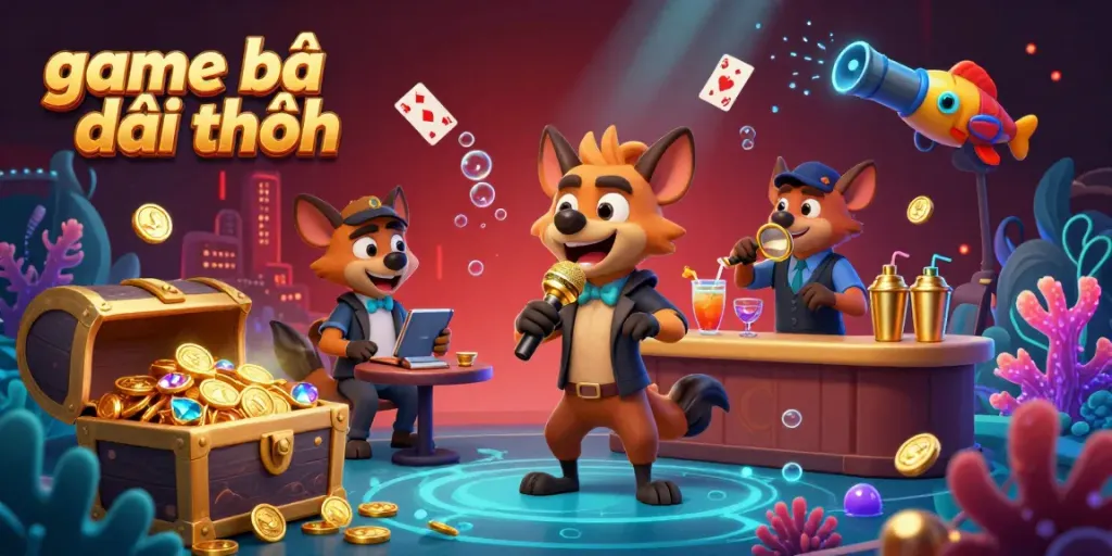 Experience the comedy of game bài đổi thưởng with lively hyenas in a vibrant casino scene filled with bubbles and gold.