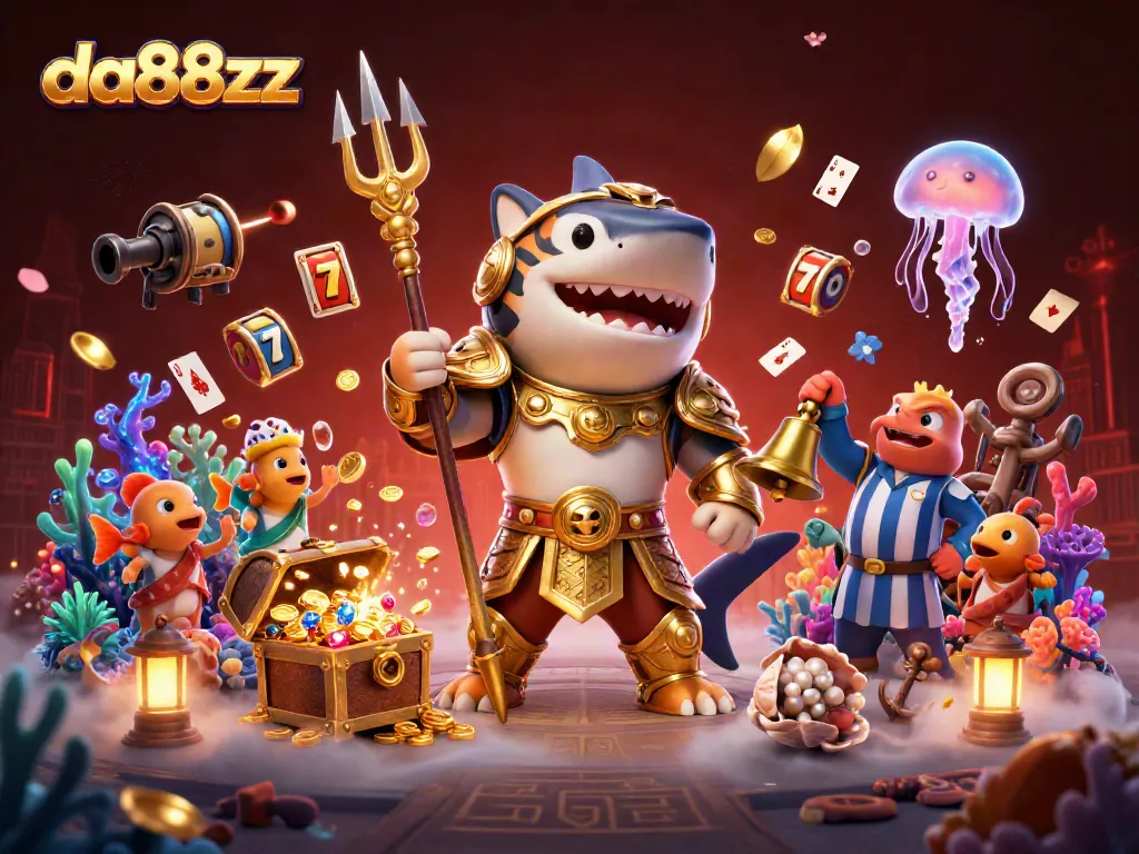 Engage with the thrilling da88zz underwater casino experience featuring a tiger shark in gladiator armor.
