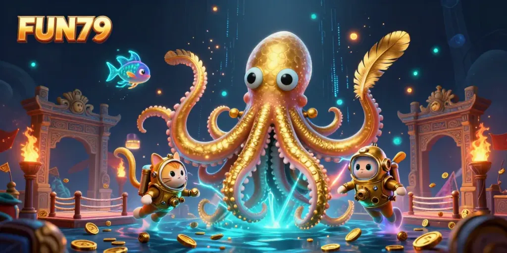 Experience the excitement of FUN79 with a colossal kraken and diving cat in a dynamic 3D illustration.