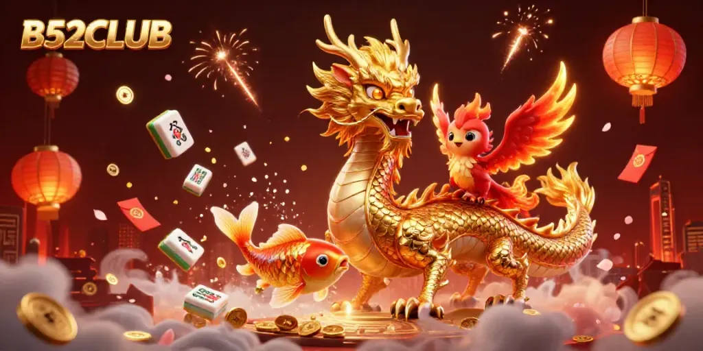 Experience thrilling gameplay with B52CLUB featuring a dynamic scene of a golden dragon and koi fish amidst a shower of coins.