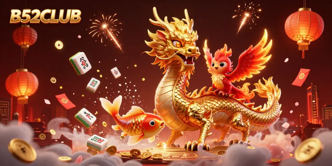 Experience thrilling gameplay with B52CLUB featuring a dynamic scene of a golden dragon and koi fish amidst a shower of coins.